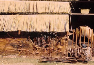 © Seine et Yvelines Archéologie / EPI Yvelines-Hauts-de-Seine Vue du clayonnage en bois avec placage du torchis : terre + paille (P. Laforest)
