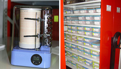 Thermohygrographe et salle de conservation des objets métalliques.